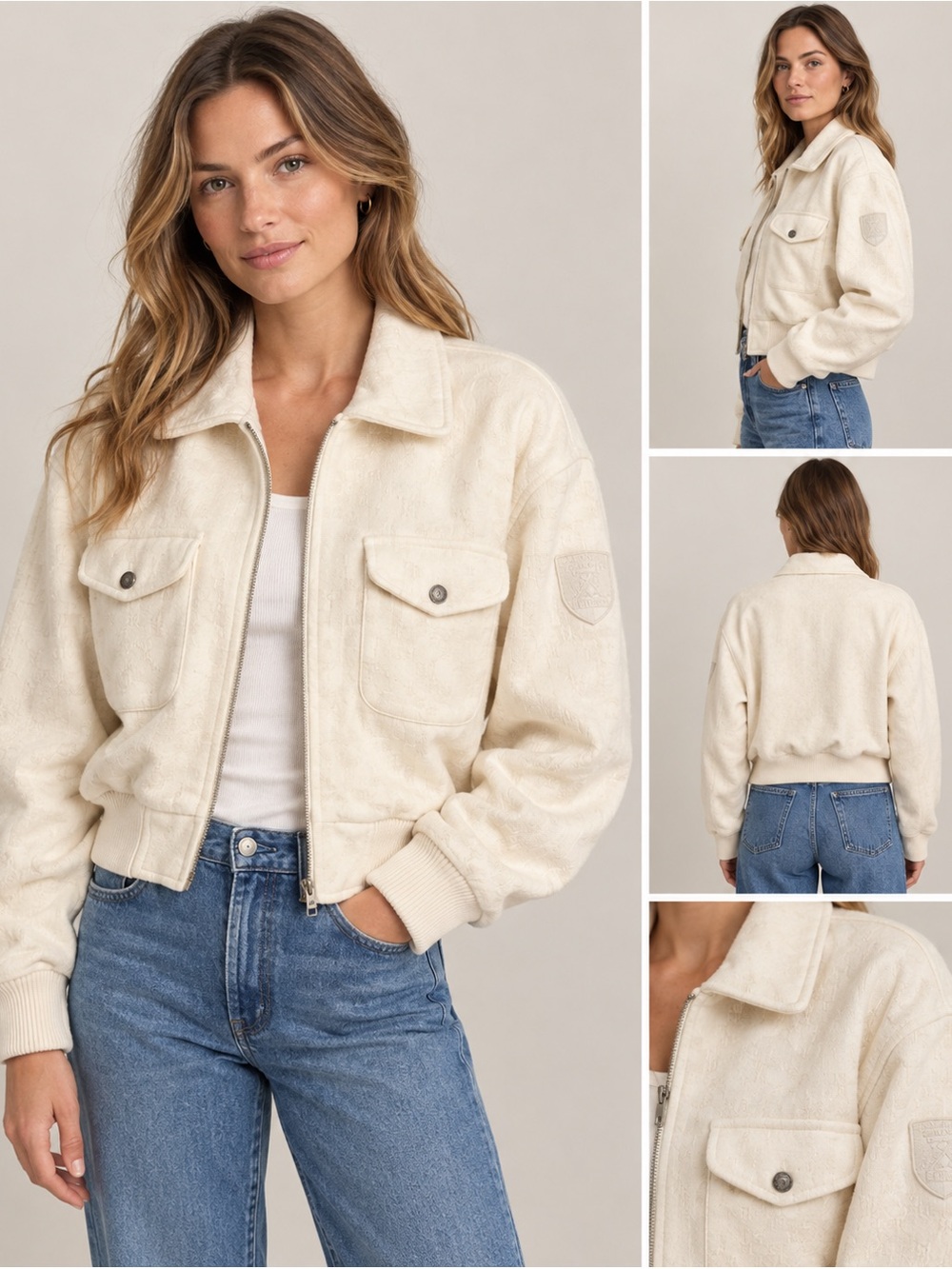 Vintage 90s Ralph Lauren Sport Fleece Bomber Jacket M Made in USA Cream Cropped